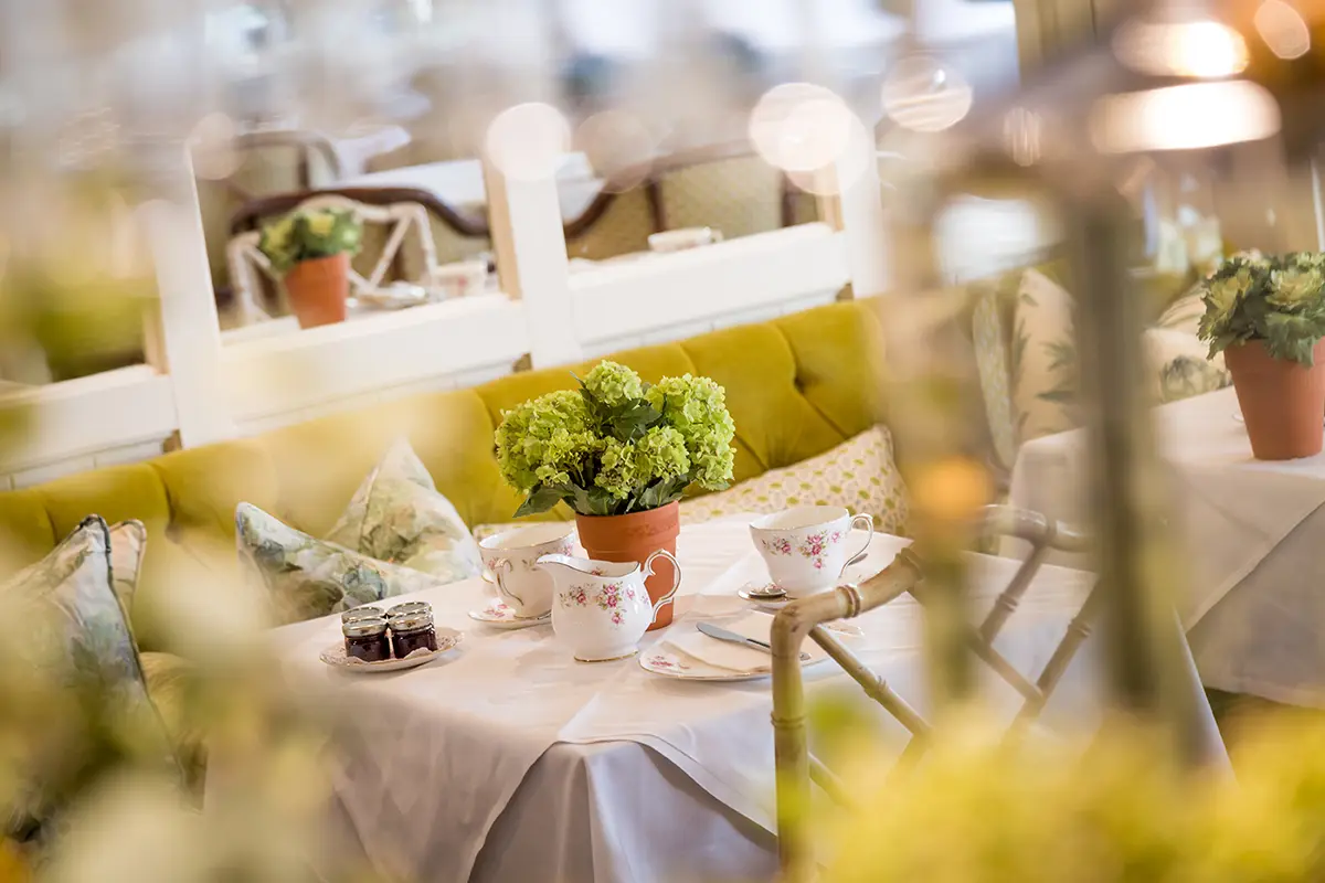 A photo of a table set up for tea in the restaurant at the Roslin Beach Hotel in Southend