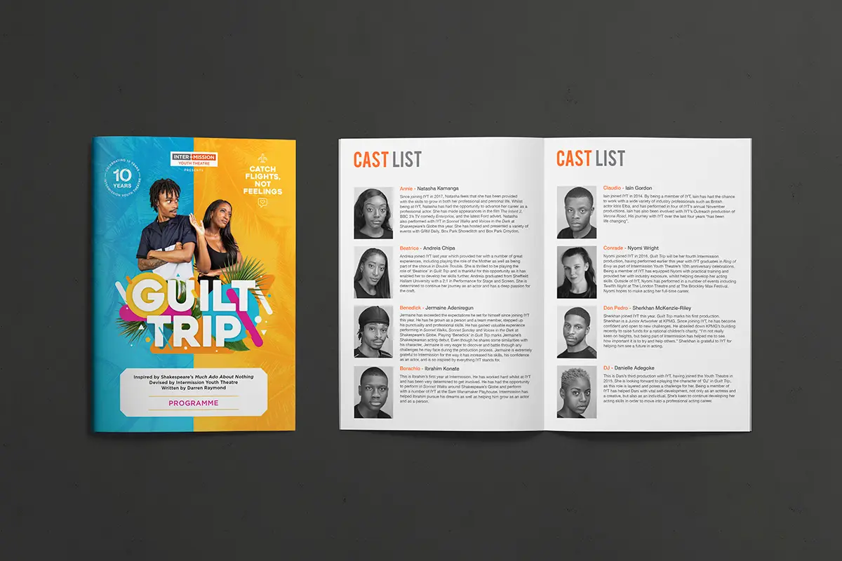 A photo of the Guilt Trip programme cover, next to an open page showing the Cast List